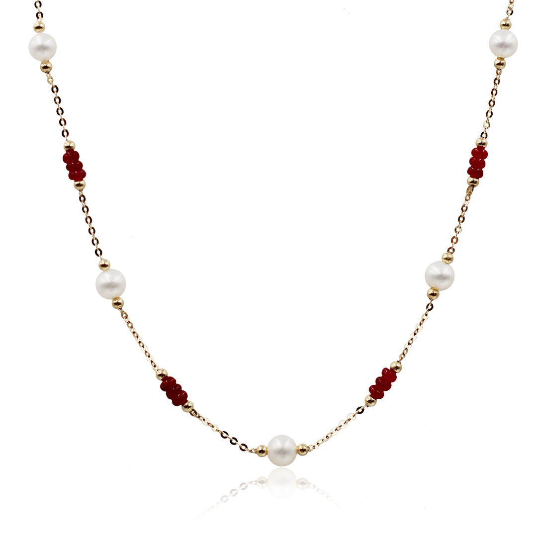 Sakura Ruby & Pearl Long Station Necklace in 18K Yellow Gold