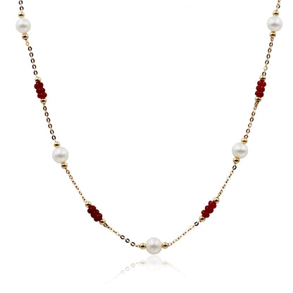 Sakura Ruby & Pearl Long Station Necklace in 18K Yellow Gold