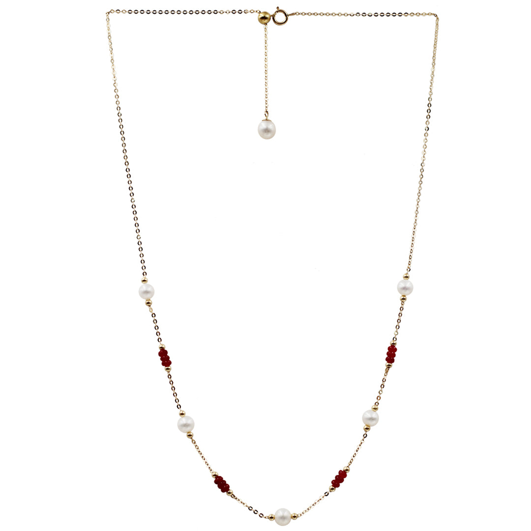 Sakura Ruby & Pearl Long Station Necklace in 18K Yellow Gold