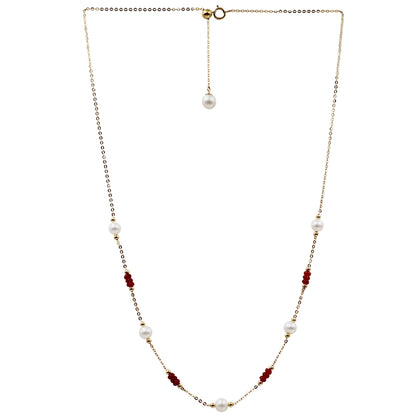 Sakura Ruby & Pearl Long Station Necklace in 18K Yellow Gold