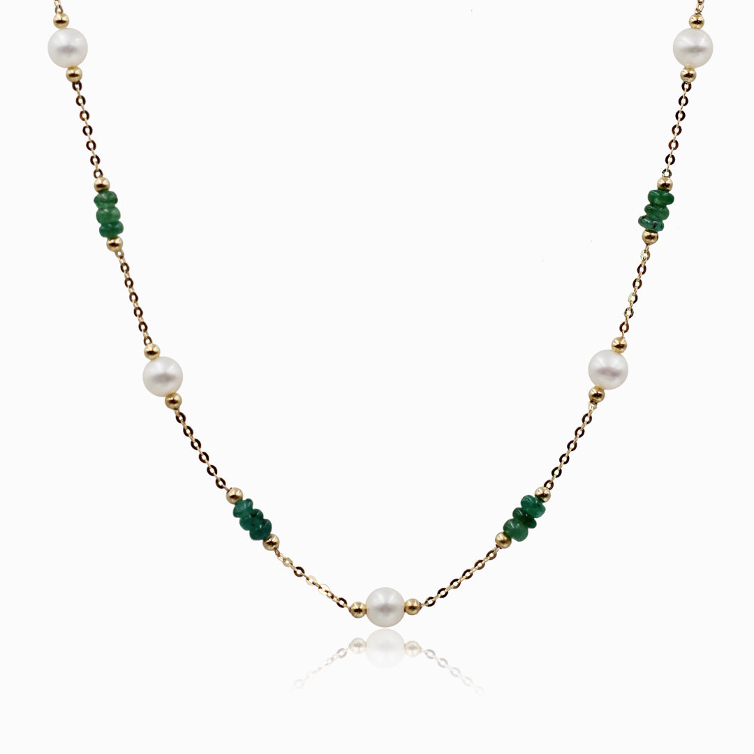 Sakura Emerald & Pearl Long Station Necklace in 18K Yellow Gold