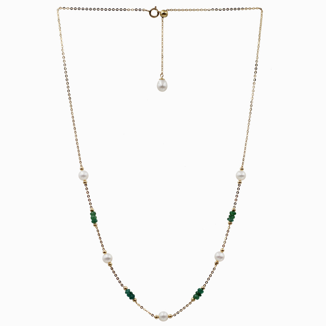Sakura Emerald & Pearl Long Station Necklace in 18K Yellow Gold