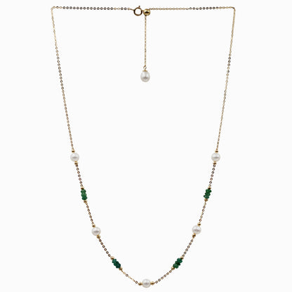 Sakura Emerald & Pearl Long Station Necklace in 18K Yellow Gold