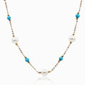 Sakura Turquoise & Pearl Long Station Necklace in 18K Yellow Gold