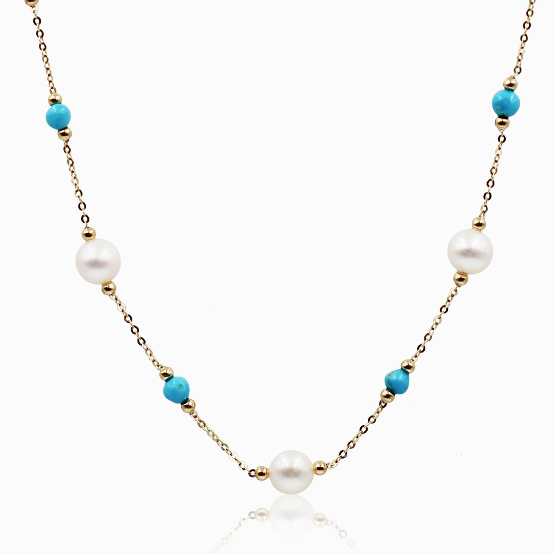 Sakura Turquoise & Pearl Long Station Necklace in 18K Yellow Gold