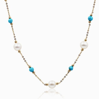 Sakura Turquoise & Pearl Long Station Necklace in 18K Yellow Gold