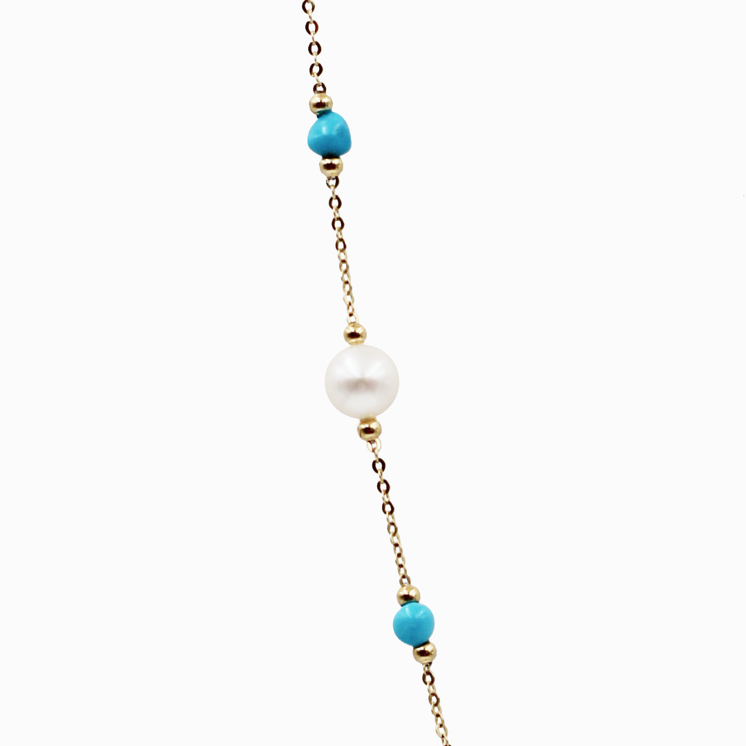 Sakura Turquoise & Pearl Long Station Necklace in 18K Yellow Gold