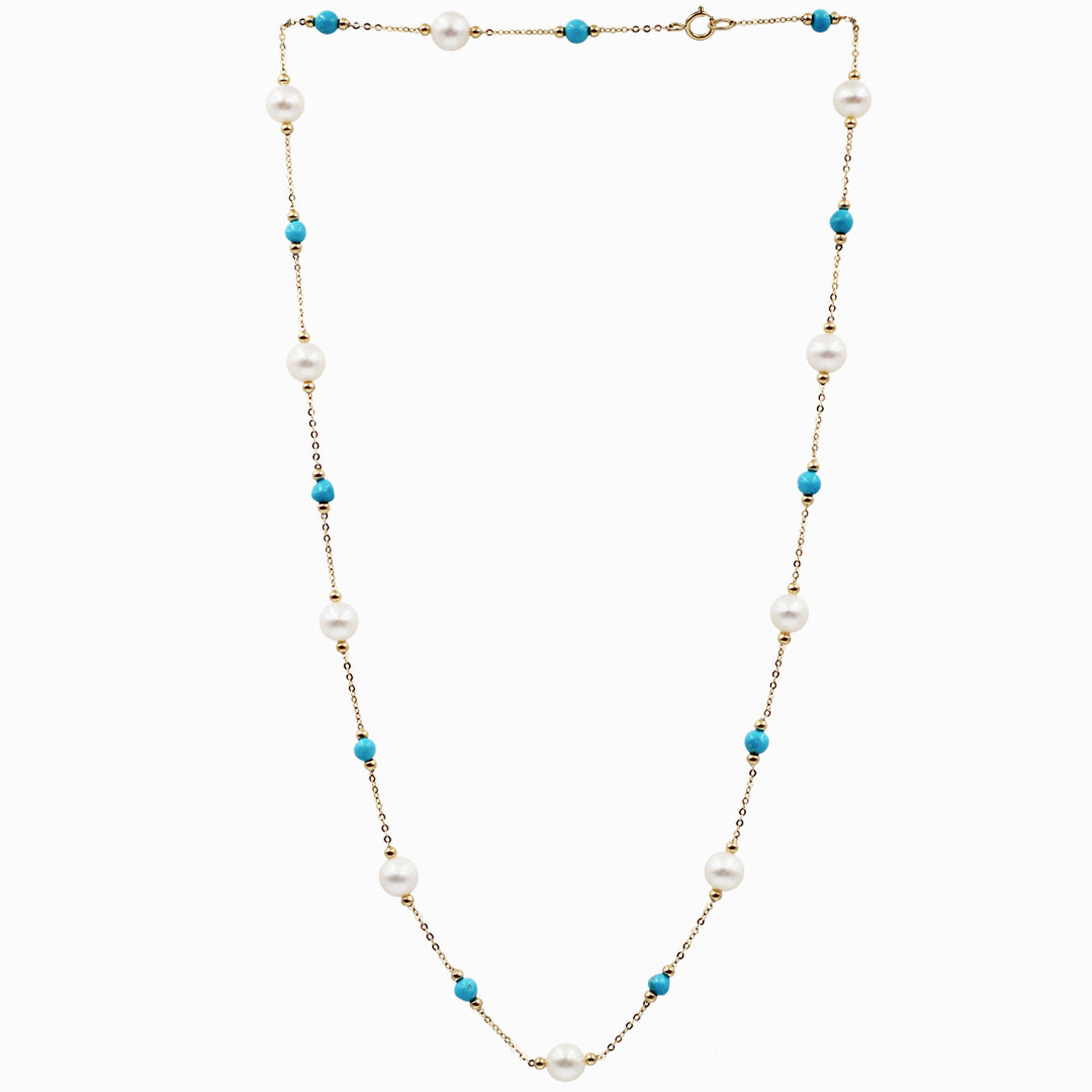 Sakura Turquoise & Pearl Long Station Necklace in 18K Yellow Gold