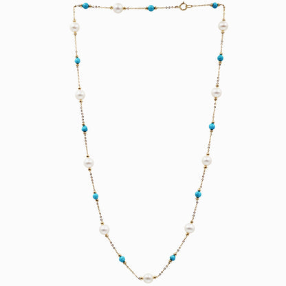 Sakura Turquoise & Pearl Long Station Necklace in 18K Yellow Gold
