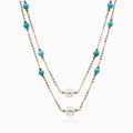 Sakura Turquoise & Pearl Long Double-Strand Necklace in 18K Yellow Gold