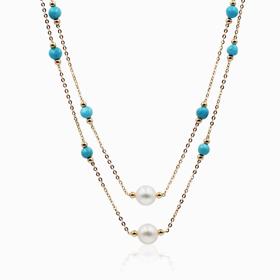 Sakura Turquoise & Pearl Long Double-Strand Necklace in 18K Yellow Gold