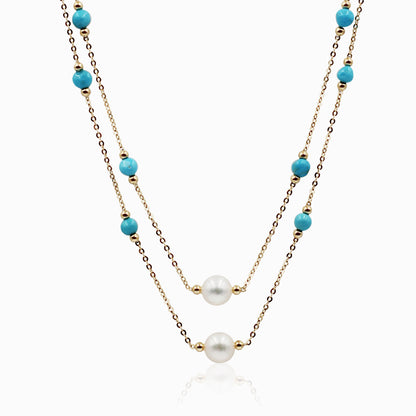 Sakura Turquoise & Pearl Long Double-Strand Necklace in 18K Yellow Gold