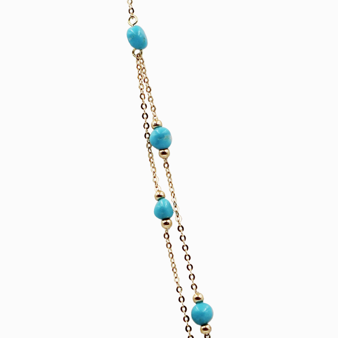 Sakura Turquoise & Pearl Long Double-Strand Necklace in 18K Yellow Gold
