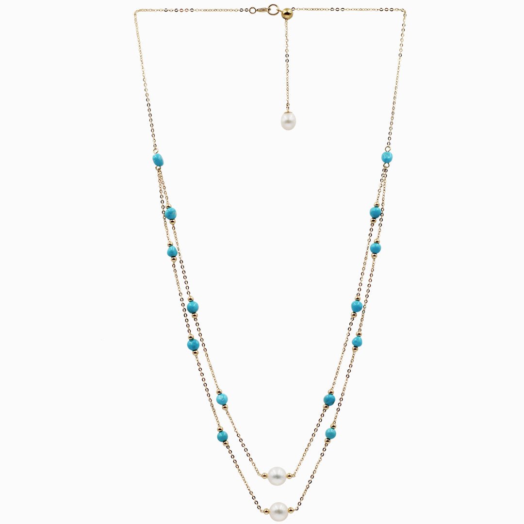 Sakura Turquoise & Pearl Long Double-Strand Necklace in 18K Yellow Gold
