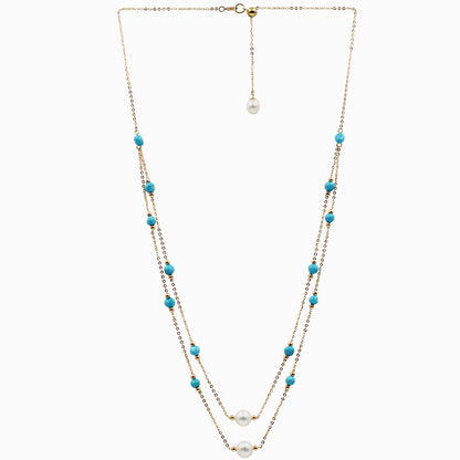 Sakura Turquoise & Pearl Long Double-Strand Necklace in 18K Yellow Gold