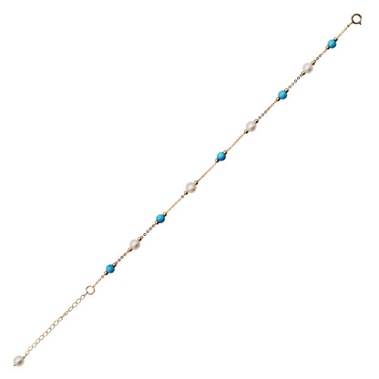 Sakura Turquoise & Pearl Station Bracelet in 18K Yellow Gold