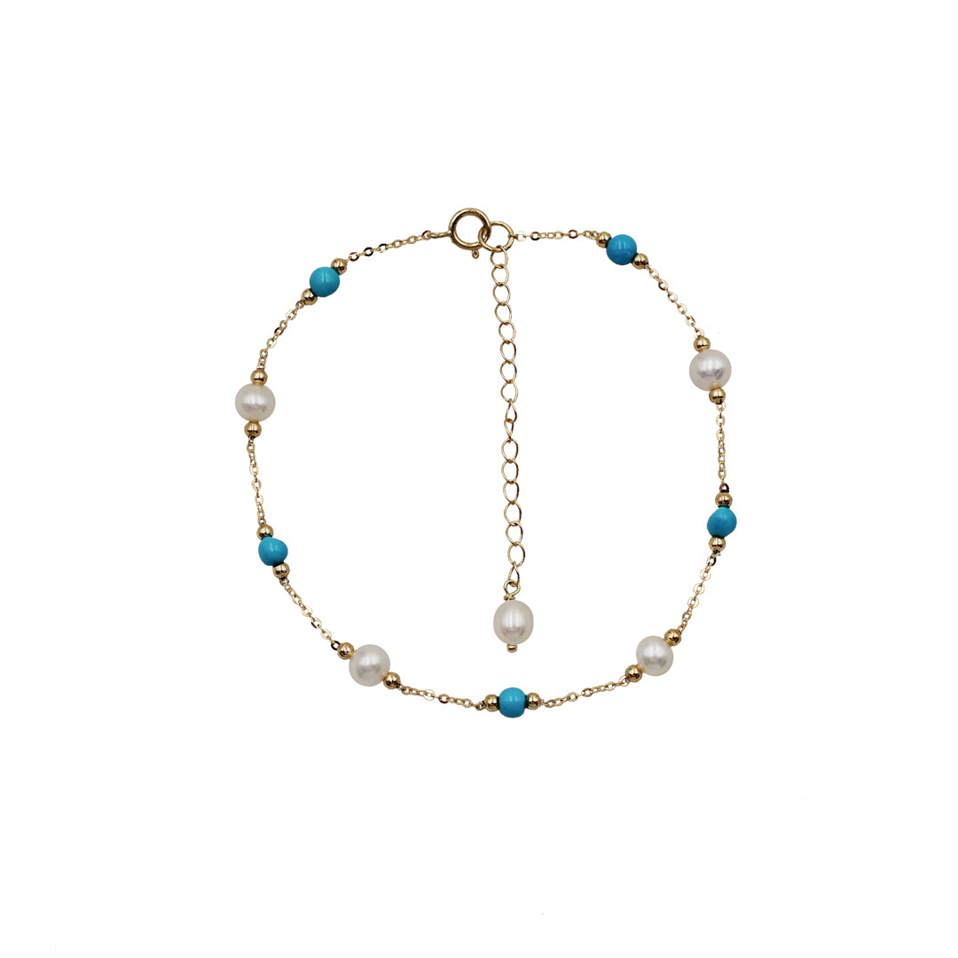 Sakura Turquoise & Pearl Station Bracelet in 18K Yellow Gold
