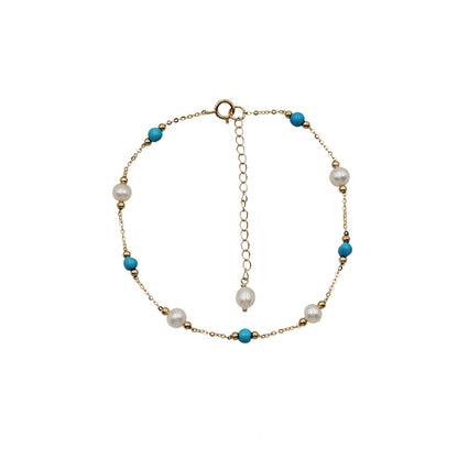 Sakura Turquoise & Pearl Station Bracelet in 18K Yellow Gold