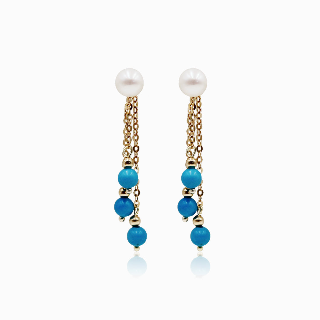 Sakura Turquoise & Pearl Drop Earrings in 18K Yellow Gold