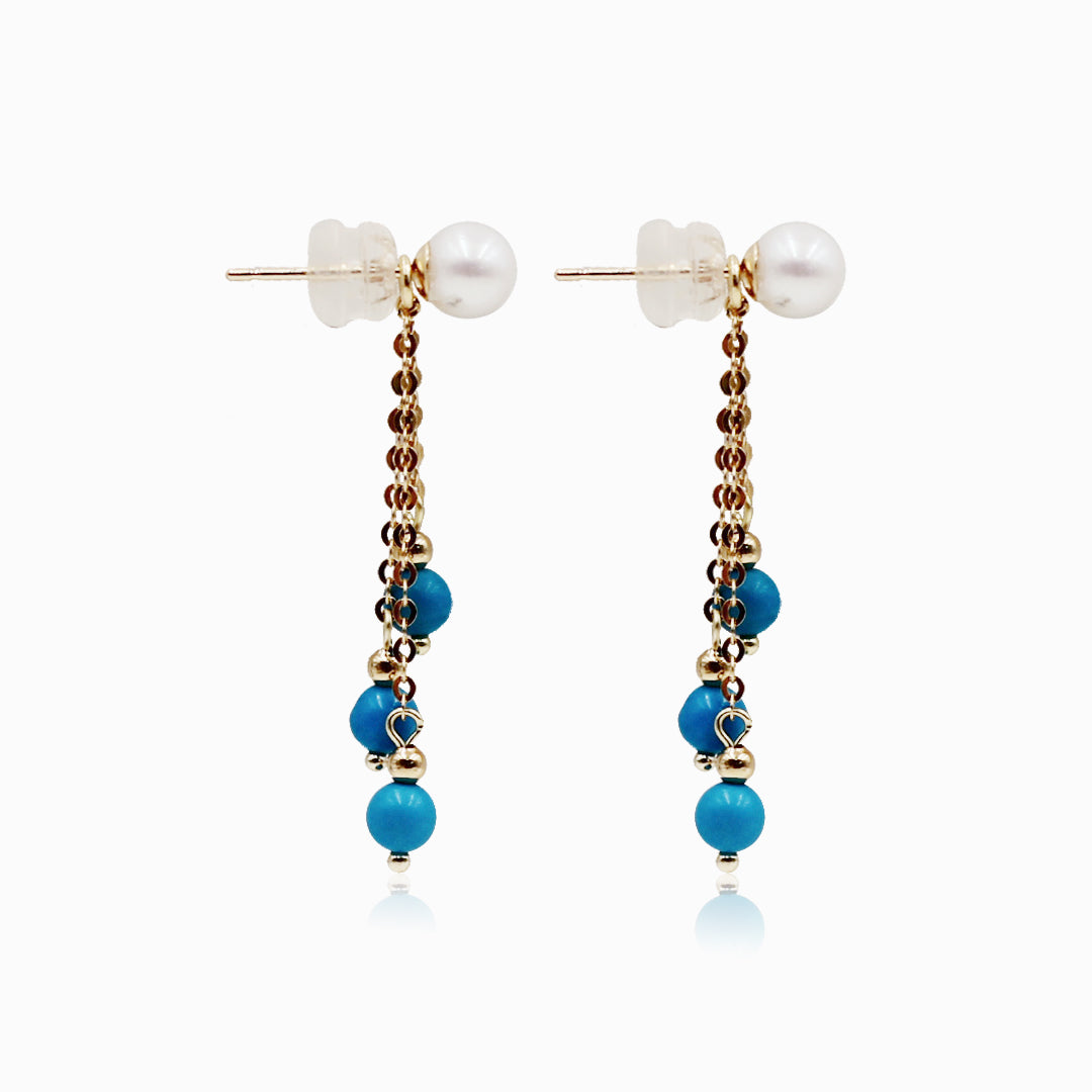 Sakura Turquoise & Pearl Drop Earrings in 18K Yellow Gold