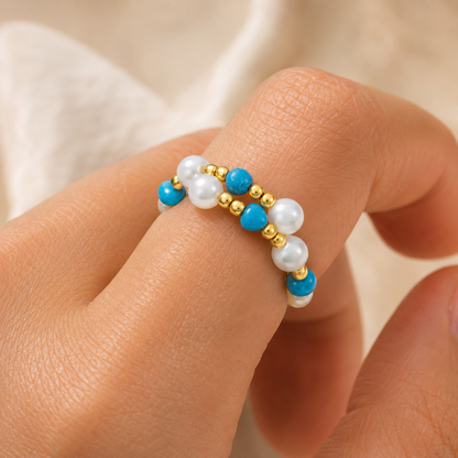 Sakura Duet Pearl & Turquoise Ring in 18k Yellow Gold 