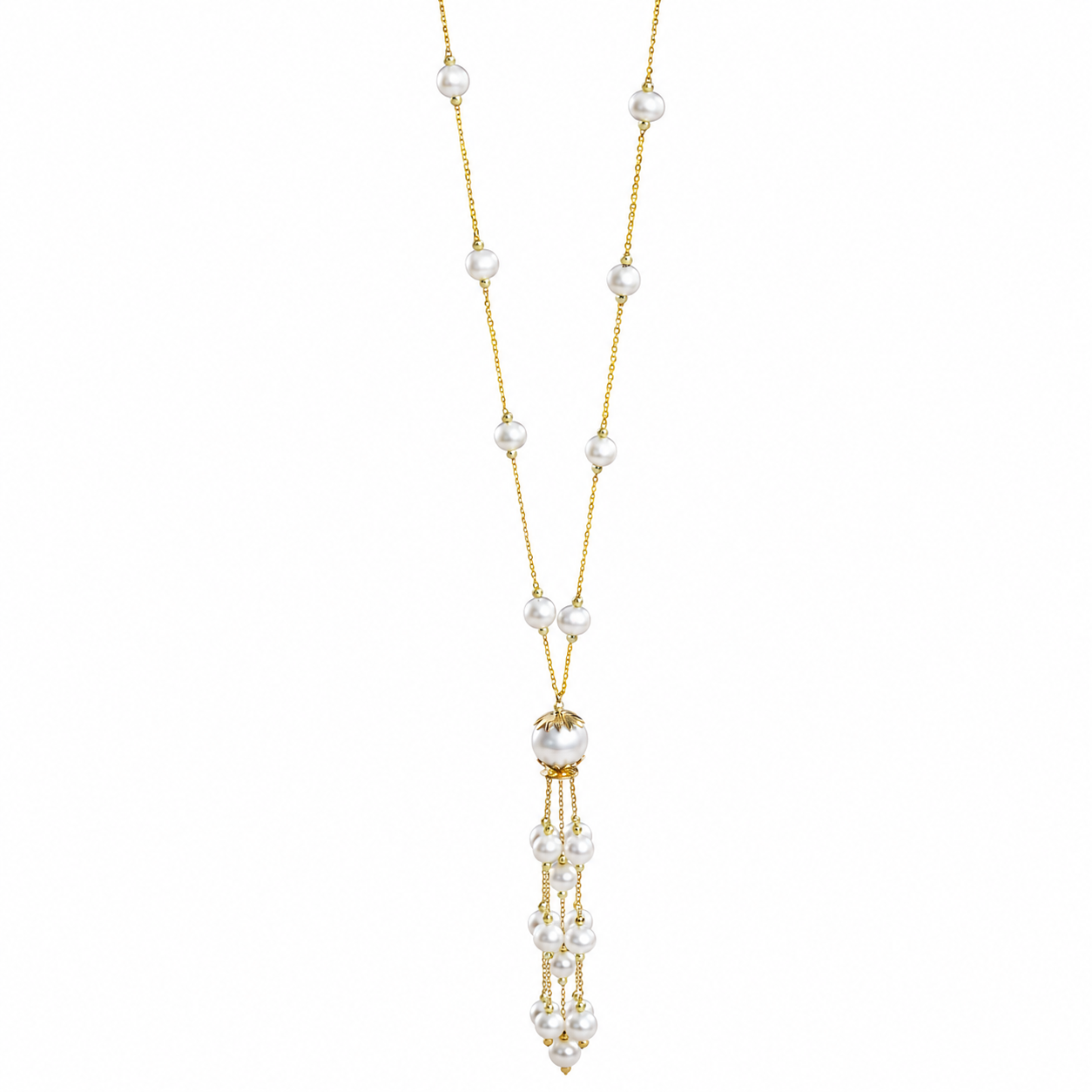 Sakura Elegant Pearl Cascade Kimono Necklace in 18K Yellow Gold