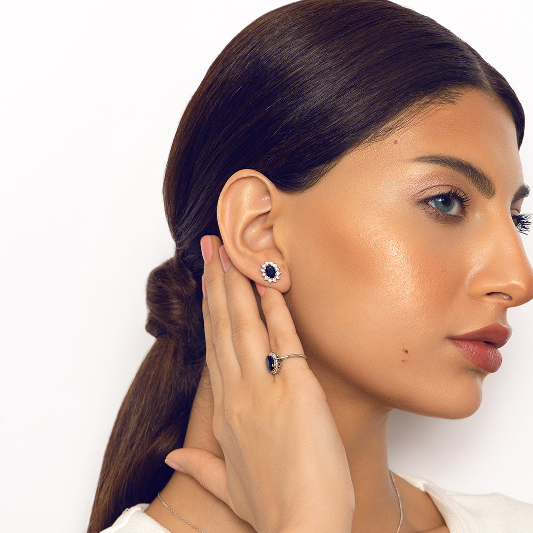 Precious Royal Sapphire Earrings in 18K White Gold & Diamonds