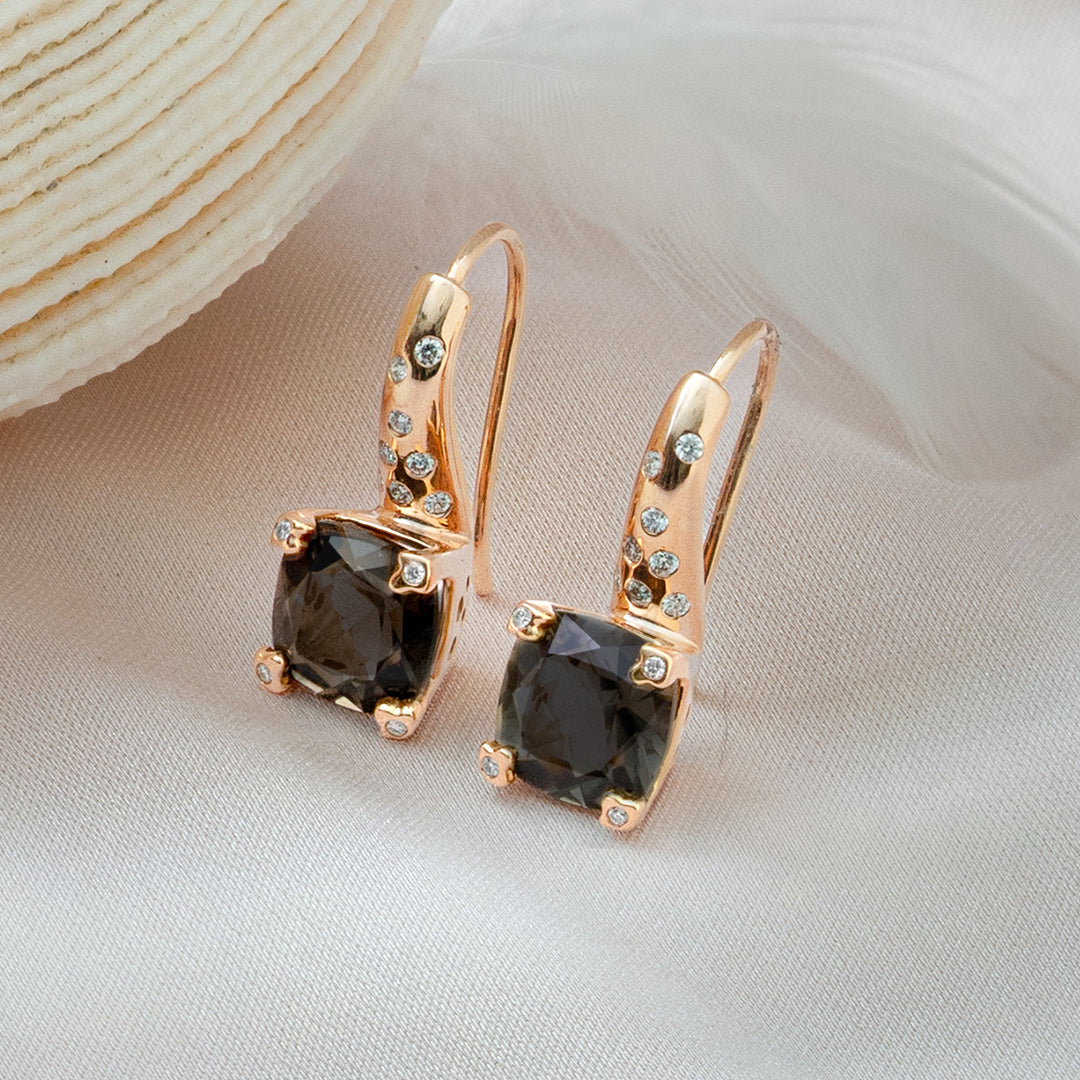 Smokey Quartz & Diamond Drop Earrings in 18K Rose Gold