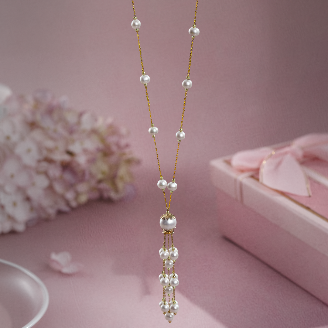 Sakura Elegant Pearl Cascade Kimono Necklace in 18K Yellow Gold
