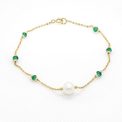 Fresh Water Pearl Bracelet with Green Beads in 18 Yellow Gold