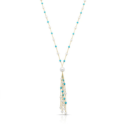 Sakura Pearl & Turquoise Tassel Necklace - Pearl Size (Medium)