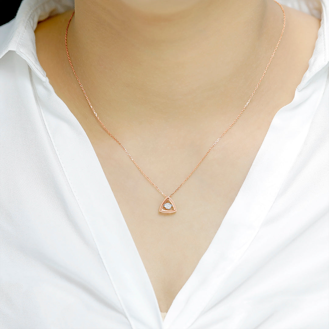 Delicate Triangle Pendant with dancing Diamond and chain in 18K Rose Gold