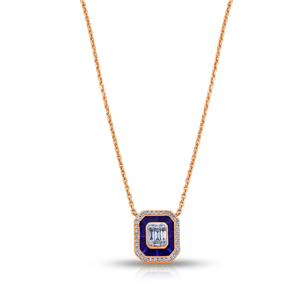 Emerald Cut Diamond Pendant with Blue Ceramic in 18K Rose Gold