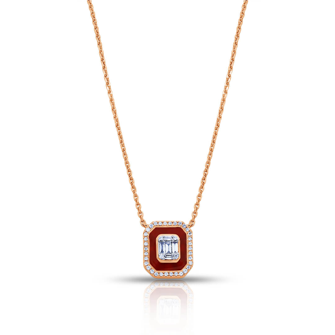 Emerald Cut Diamond Pendant with Red Ceramic in 18K Rose Gold