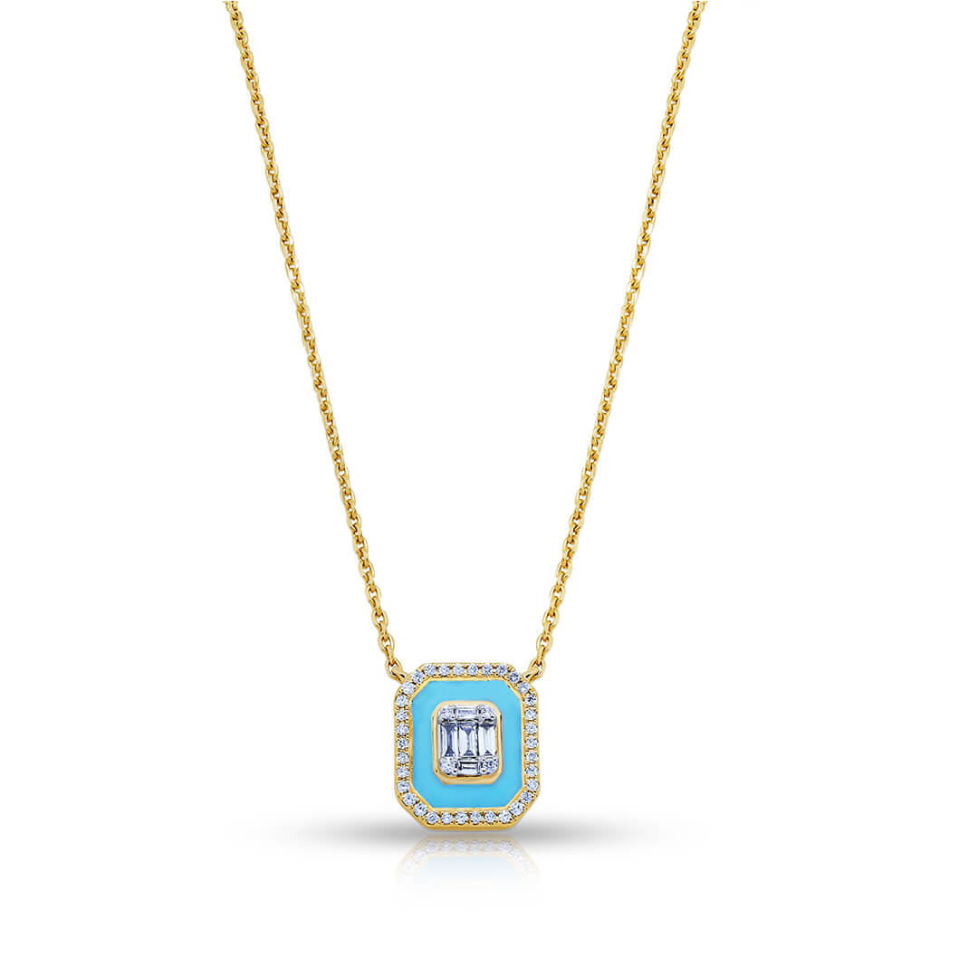 Emerald Cut Diamond Pendant with Turquoise Blue Ceramic