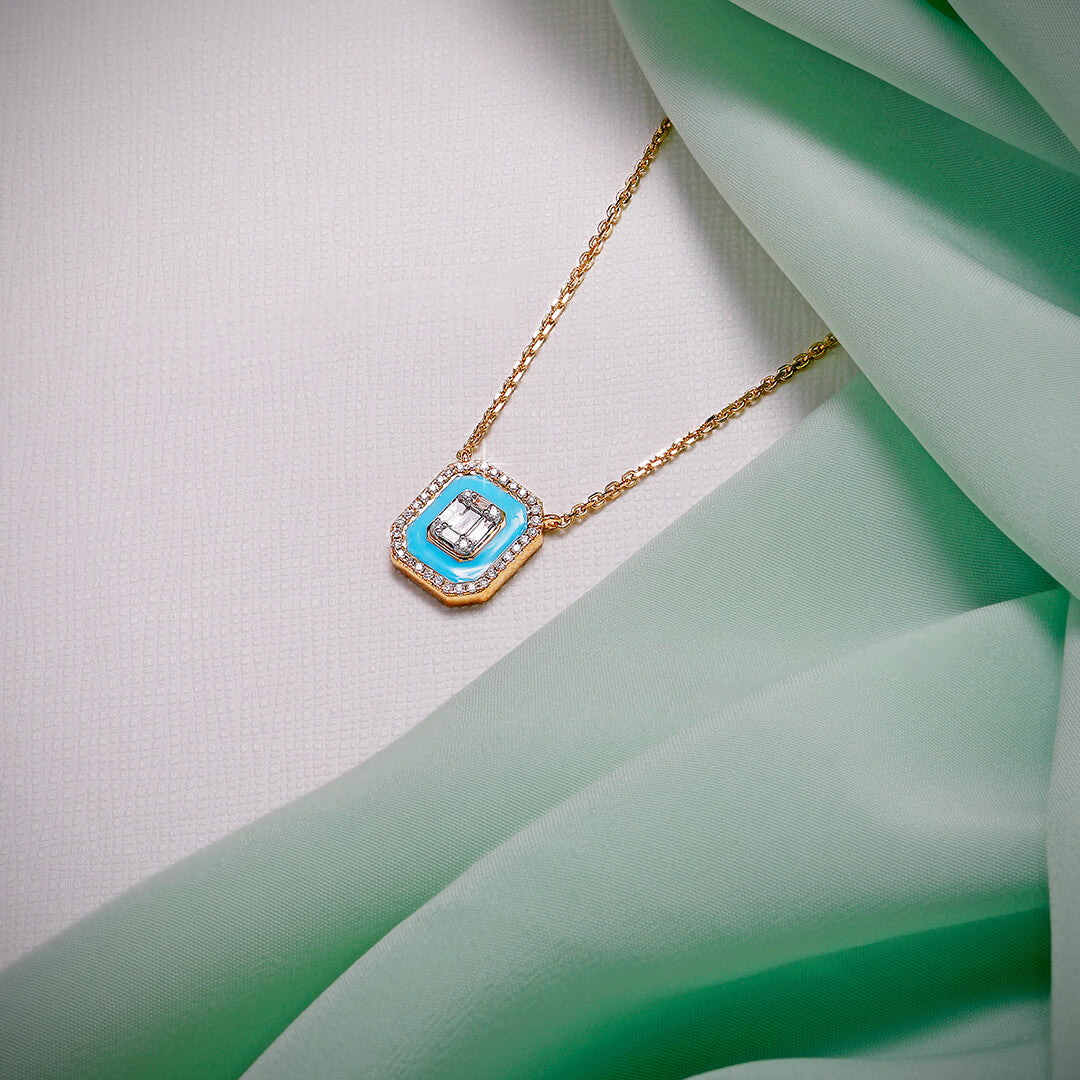Emerald Cut Diamond Pendant with Turquoise Blue Ceramic