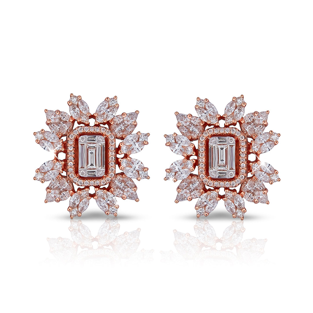 Flower Earrings in Emerald-cut and Marquise shaped Diamond in 18K Rose Gold