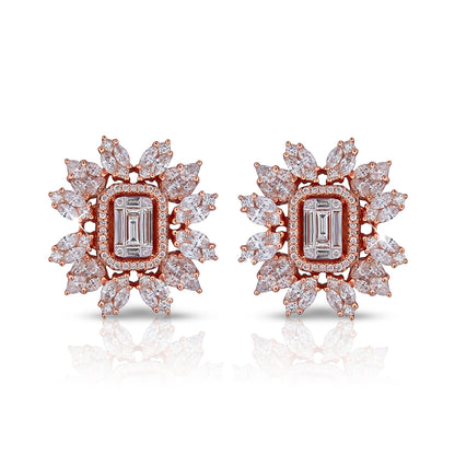 Flower Earrings in Emerald-cut and Marquise shaped Diamond in 18K Rose Gold
