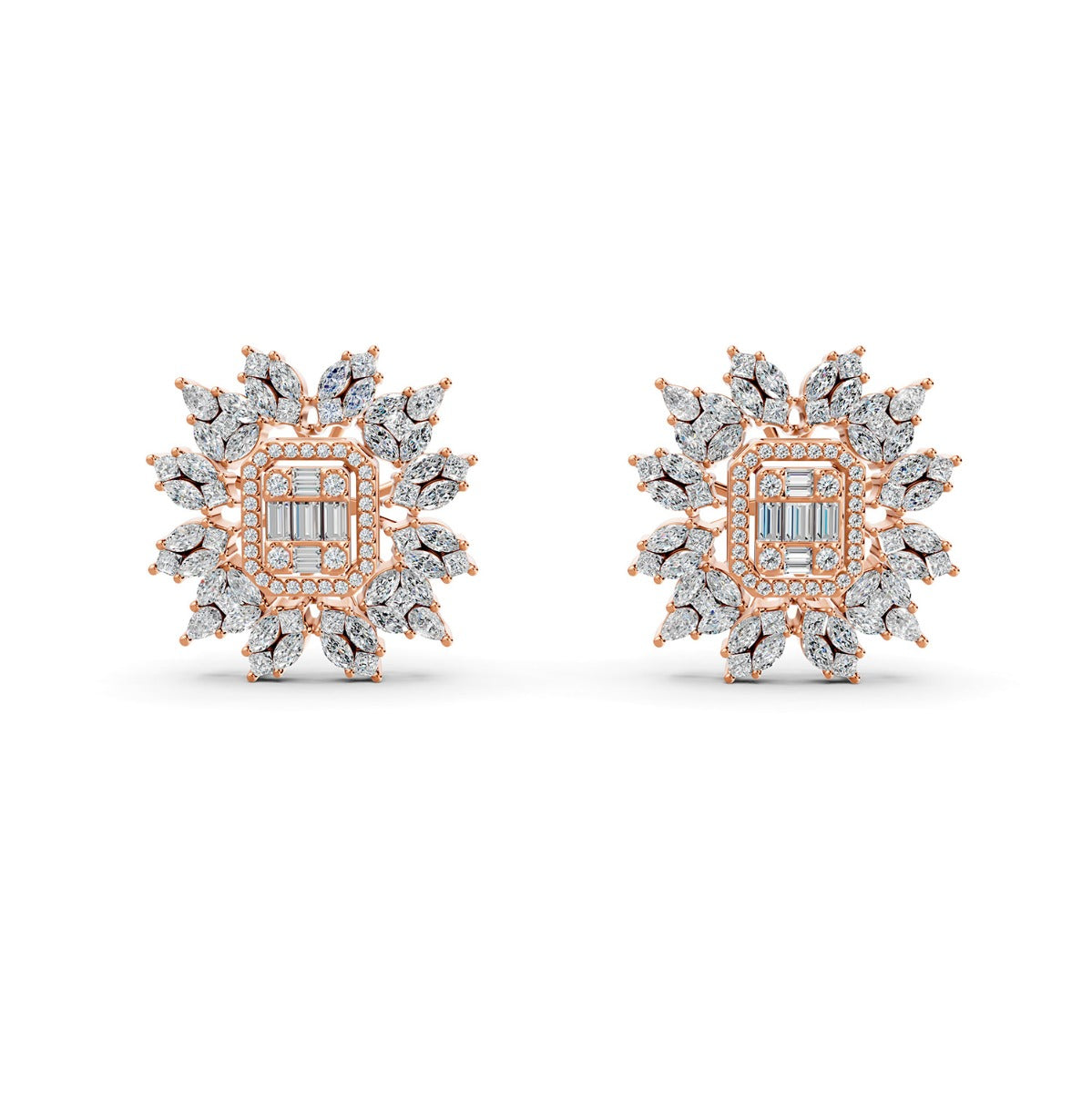 Flower Earrings in Emerald-cut and Marquise shaped Diamond in 18K Rose Gold