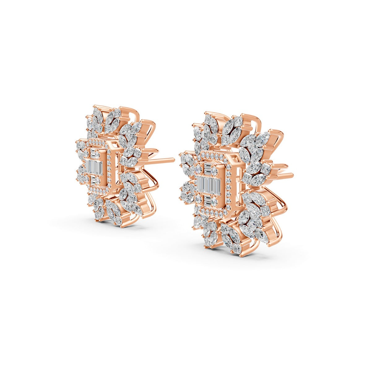 Flower Earrings in Emerald-cut and Marquise shaped Diamond in 18K Rose Gold