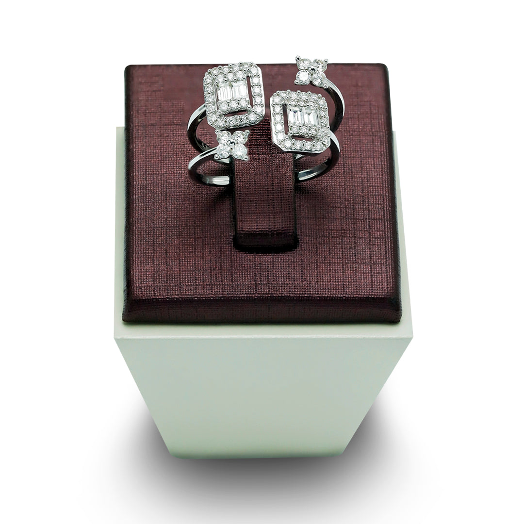Mirage Emerald Cut Twin Head Diamond Ring with Flowers