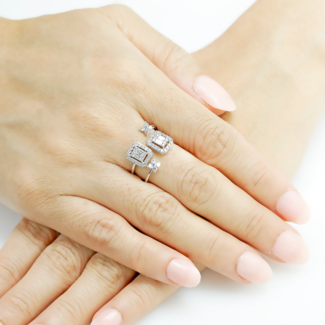 Mirage Emerald Cut Twin Head Diamond Ring with Flowers