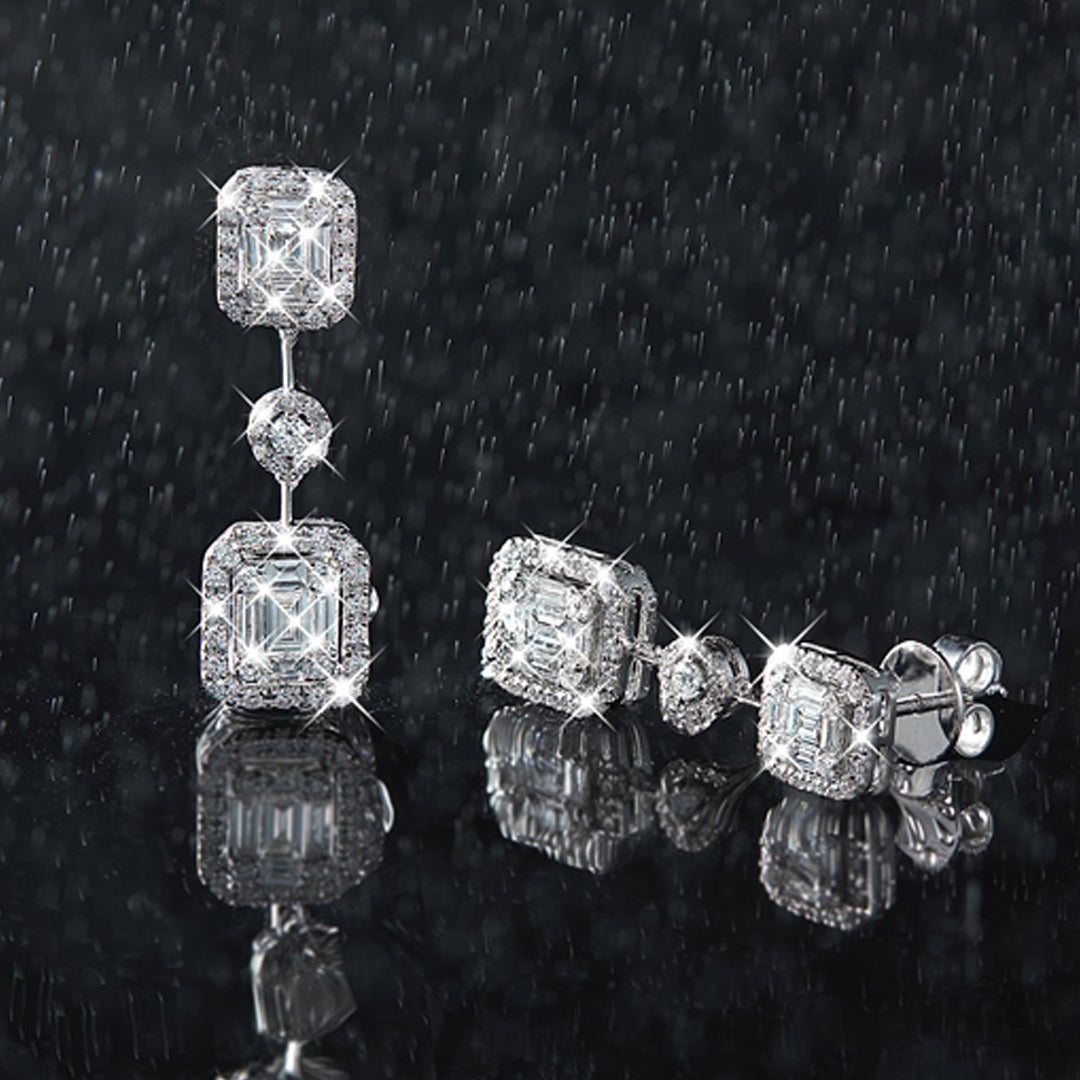 Mirage Emerald Cut Long Diamond Drop Earrings in 18K White Gold