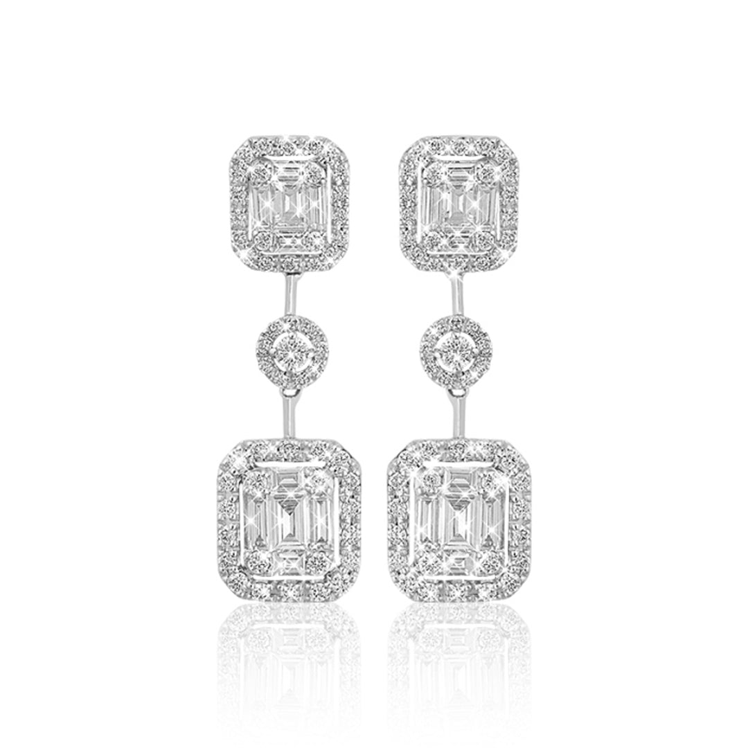 Mirage Emerald Cut Long Diamond Drop Earrings in 18K White Gold