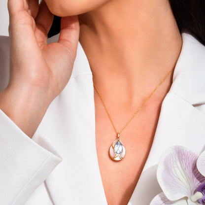 Blue Topaz Love Drop necklace-Yellow Gold