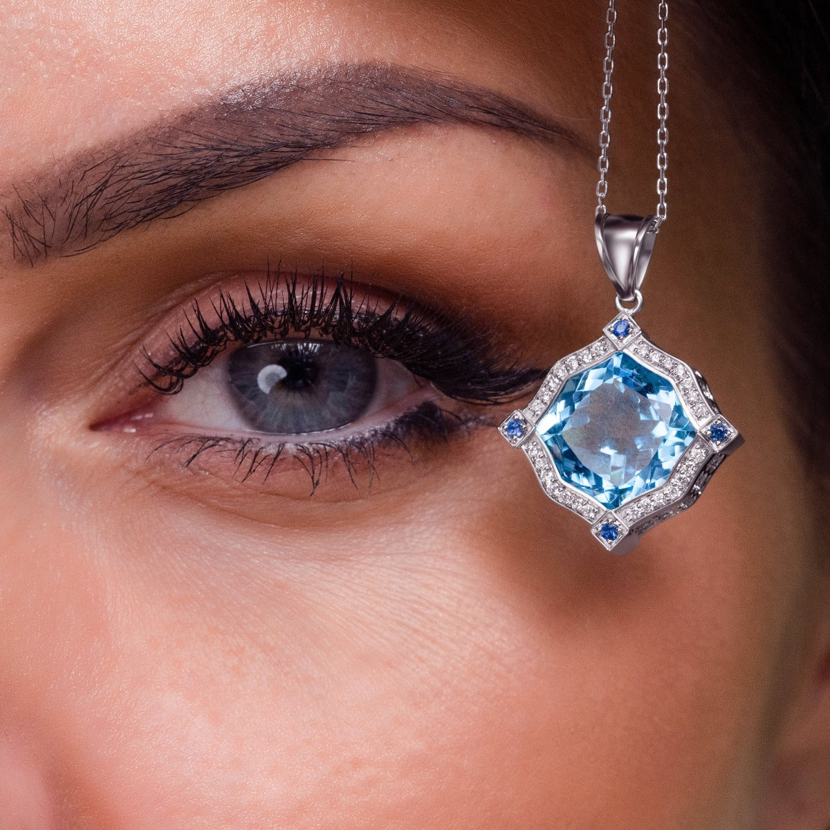 Precious Blue Topaz Pendant with Designer Chain