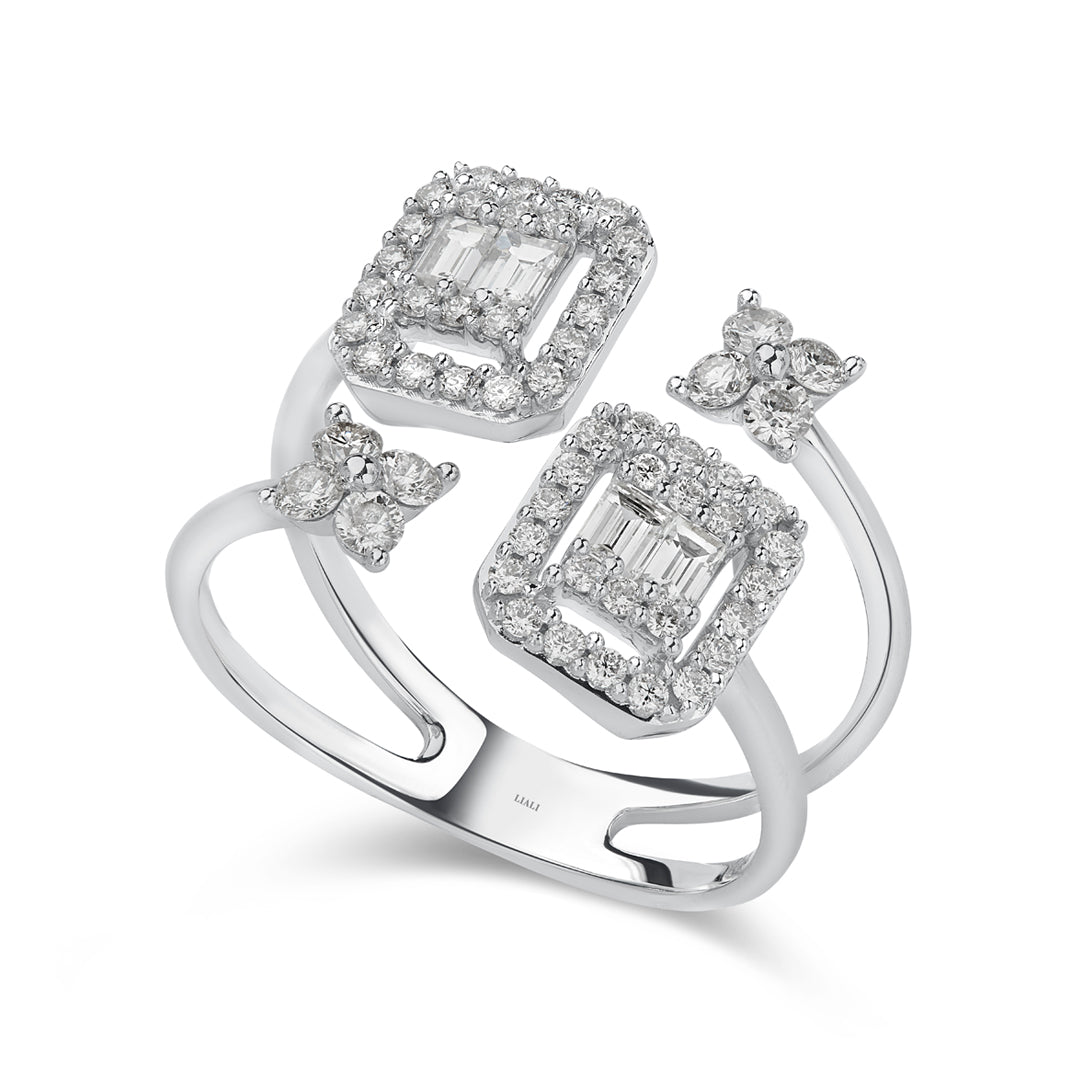 Mirage Emerald Cut Twin Head Diamond Ring with Flowers