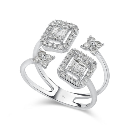 Mirage Emerald Cut Twin Head Diamond Ring with Flowers