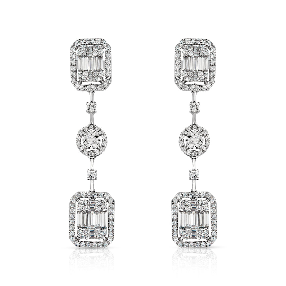 Mirage Emerald Cut Long Diamond Drop Earrings in 18K White Gold