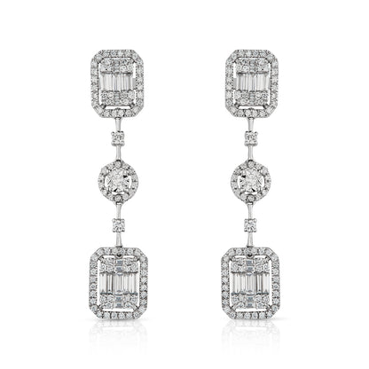 Mirage Emerald Cut Long Diamond Drop Earrings in 18K White Gold